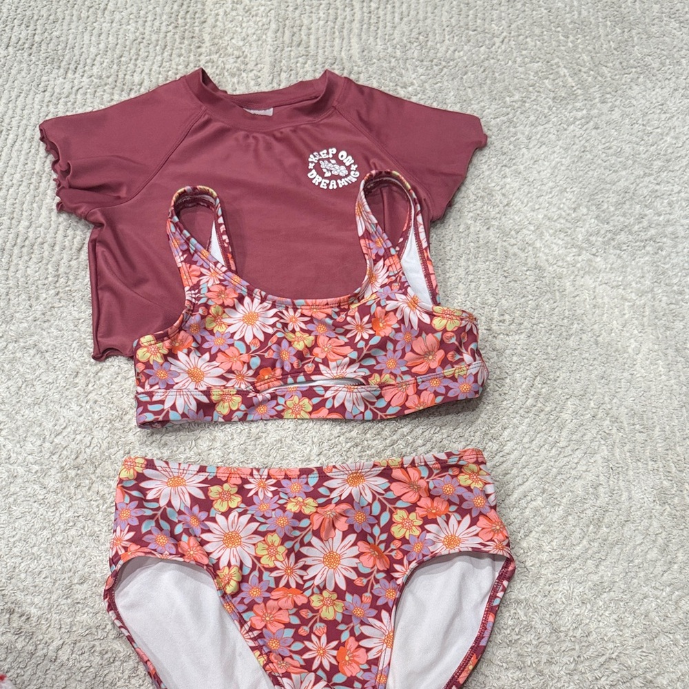 art class girls Maroon and Pink Floral Kids Swim Rashguard Set